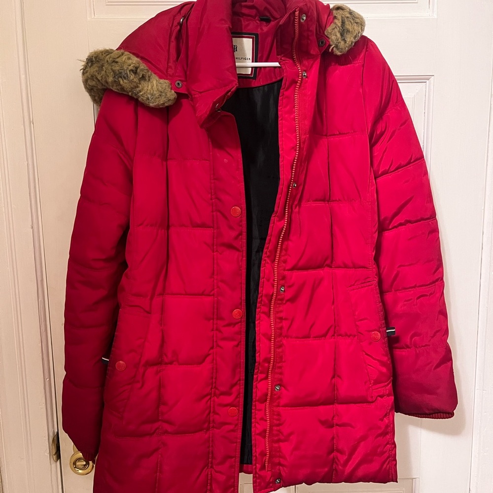 Tommy Hilfiger Red Puffer Coat with Faux Fur Hood